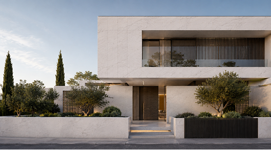 Exterior facade of a two-story modern house featuring white stone cladding and minimal landscaping