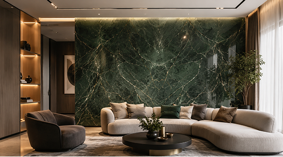 Luxury living room highlighting a green marble statement feature wall paired with a contemporary curved sectional sofa