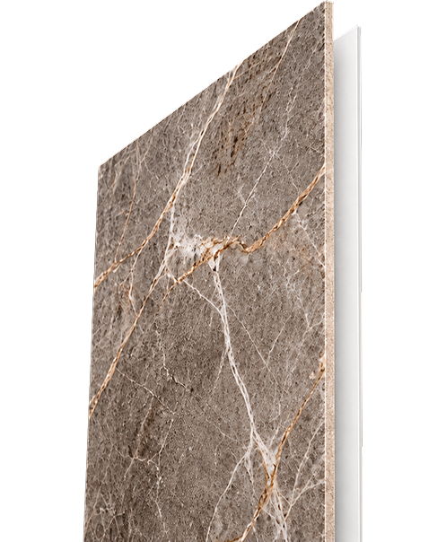 Angled view of a warm grey-brown marble slab panel with intricate white and gold veining, mounted on a lightweight white backing substrate