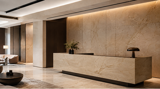 Hotel lobby featuring a marble reception desk surrounded by warm accent lighting and stone wall finishes