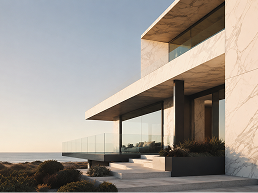 Modern luxury home exterior featuring white veined stone wall cladding, large glass windows, and a open balcony overlooking the ocean