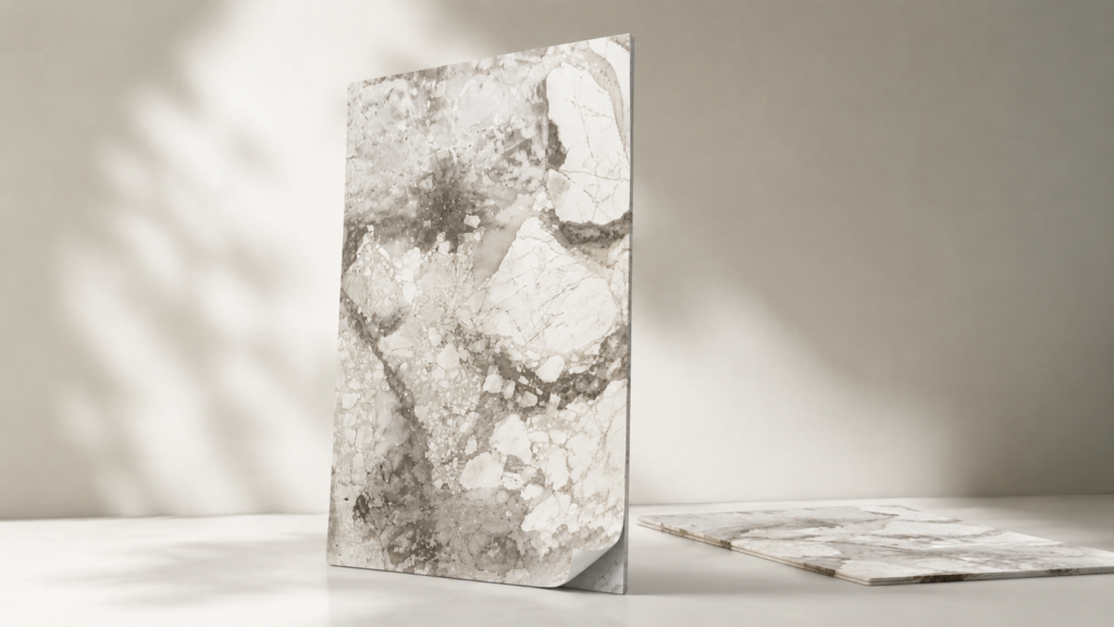 Vertical natural stone marble slab showing grey and beige veining patterns against a sunlit neutral backdrop