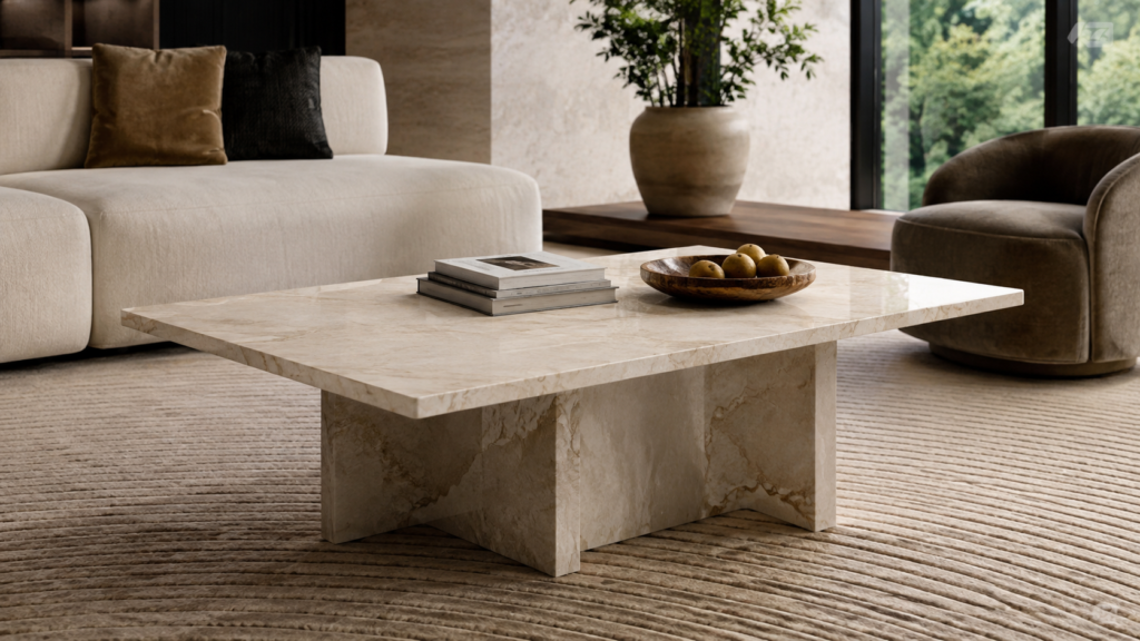 Modern living room featuring a low-profile square beige natural stone coffee table placed on a textured area rug