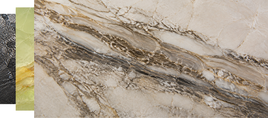 Overlapping natural stone texture samples showing dark slate grey, translucent green onyx, and polished beige quartzite with dramatic brown veining