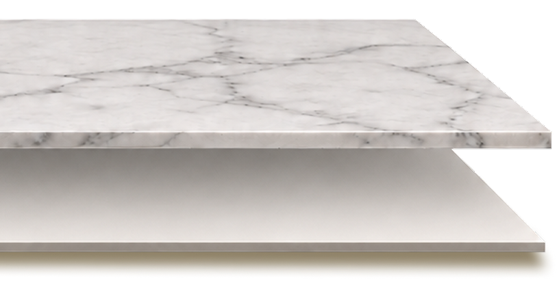 Cross-section view of a polished white marble veneer sheet layered on top of a solid backing board, showing edge profile and thin natural stone texture
