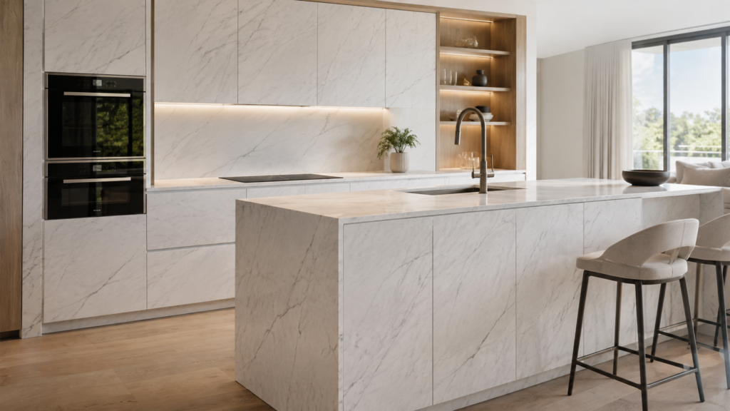 Contemporary kitchen featuring a white veined marble waterfall kitchen island with matching countertops and high-end built-in ovens